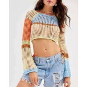 Urban Outfitters Chloe Crop Open-Knit Sweater Top Bell Sleeves M Blue Yellow